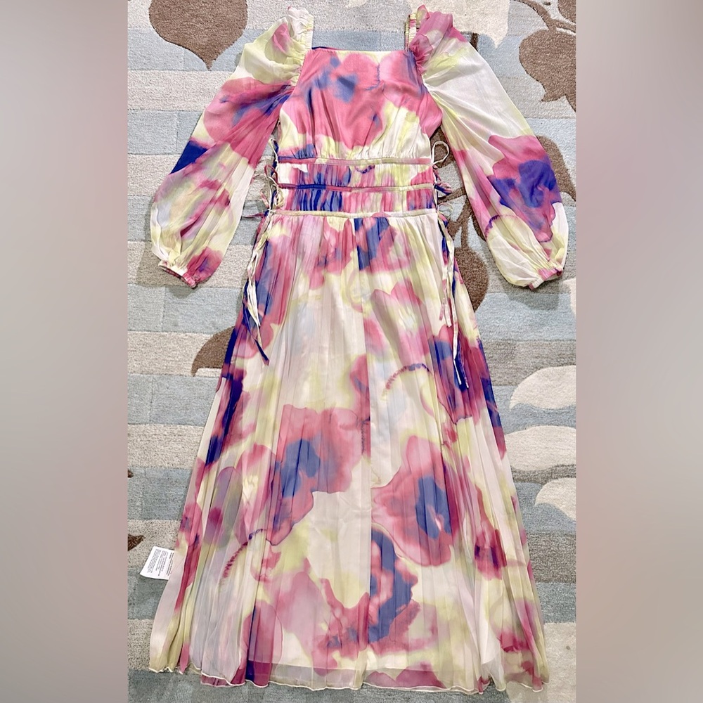 ASOS DESIGN Long Sleeve Pleated Drawstring Bodice Maxi Dress Watercolor Chiffon - Picture 3 of 10